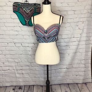 Kenneth Cole Bikini Top Bottom Black Teal Aztec Print Large